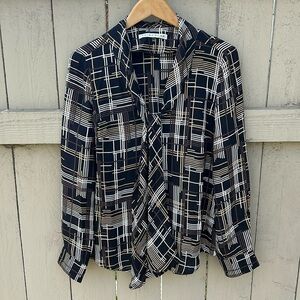 Trina Turk Silk Blouse Geometric Career Wear Business Casual Quiet Luxury Sz 6